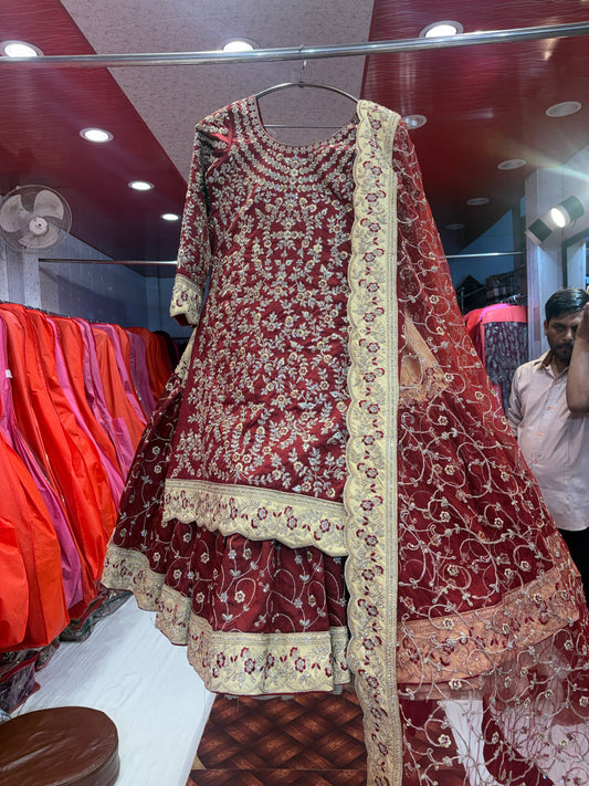 Elegant maroon farshi gharara zardozi dabka handwork peplum dress lehenga
