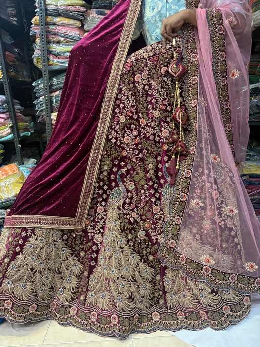 Pleasing wine pink peacock Bridal Lehenga
