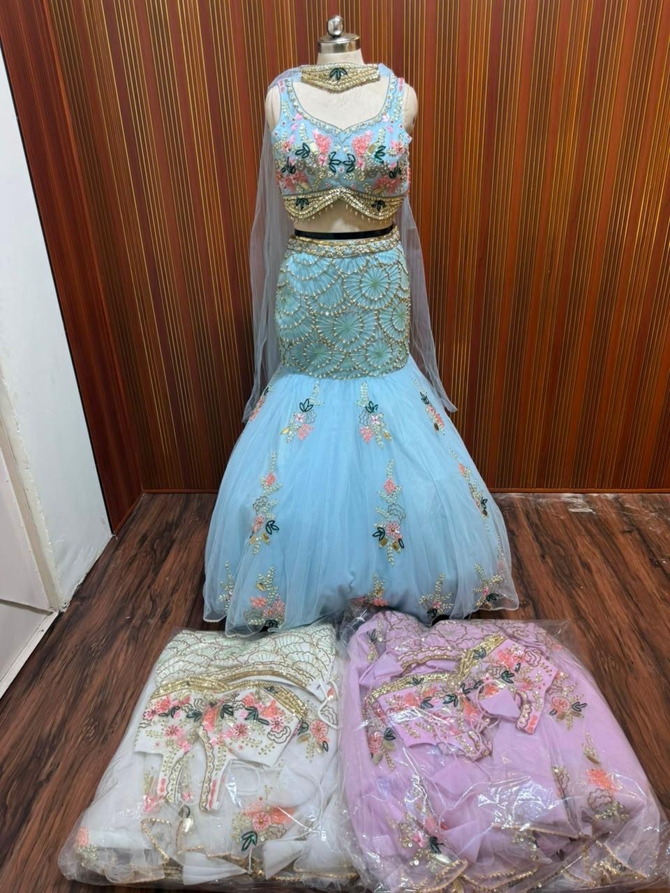 Blue pink white fish cut crop top Lehenga