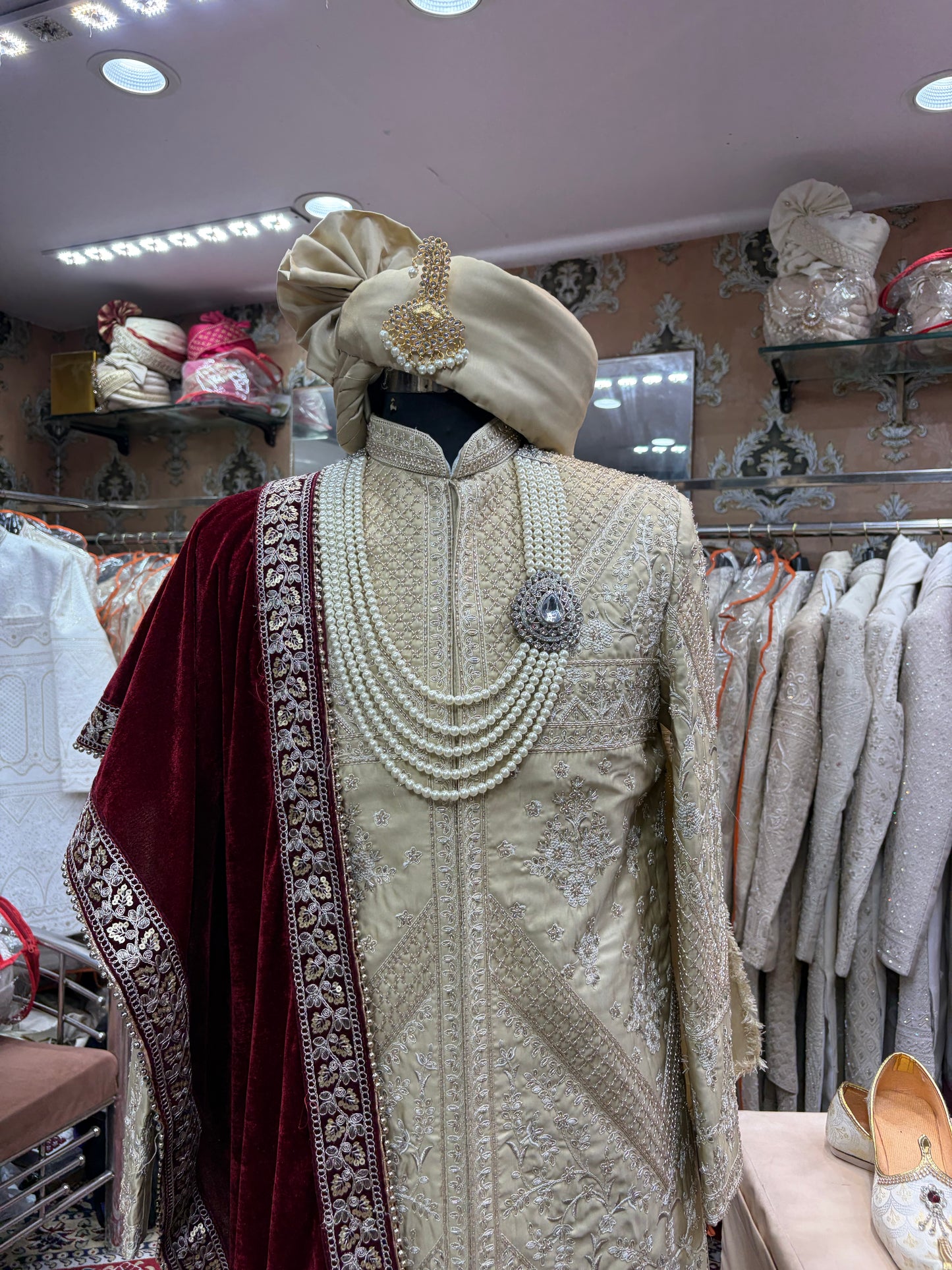 Ivory beige golden maroon sherwani