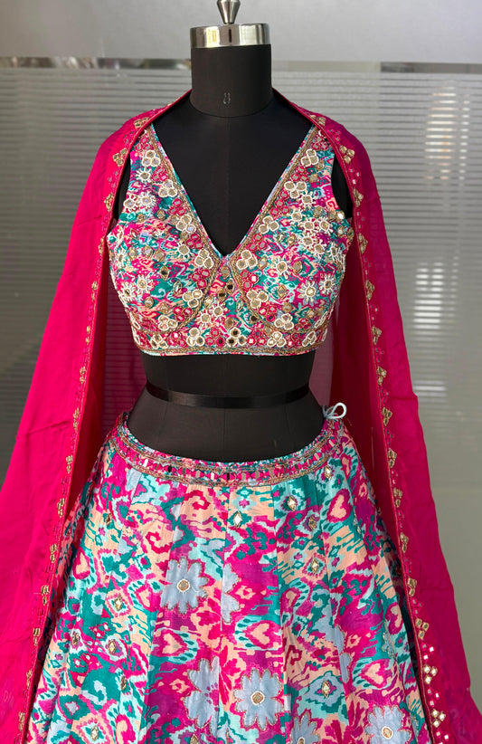 Hot Pink Multicolour Crop Top Lehenga