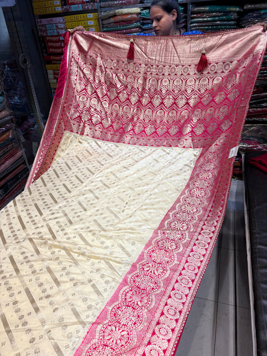 Astonishing silk banarasi kanjivaram white maroon saree