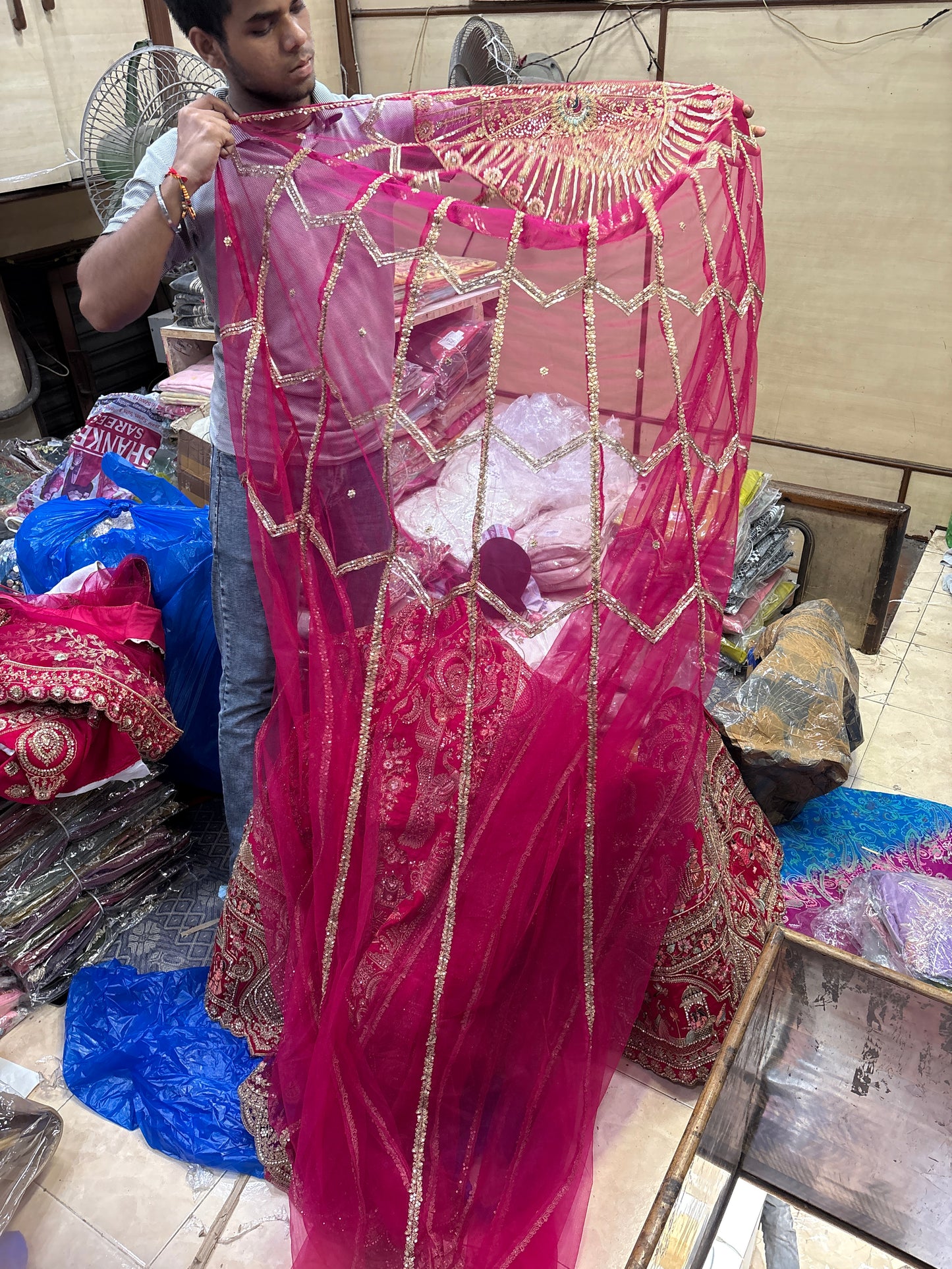 Tremendous Rani pink peacock Jaal Duptta Bridal Lehenga