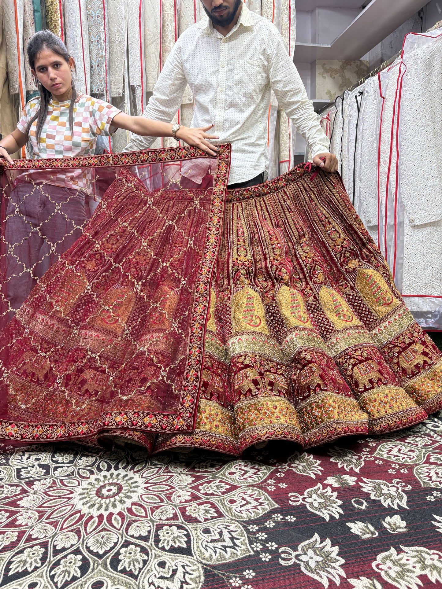 Embellished maroon peacock ball bridal Lehenga