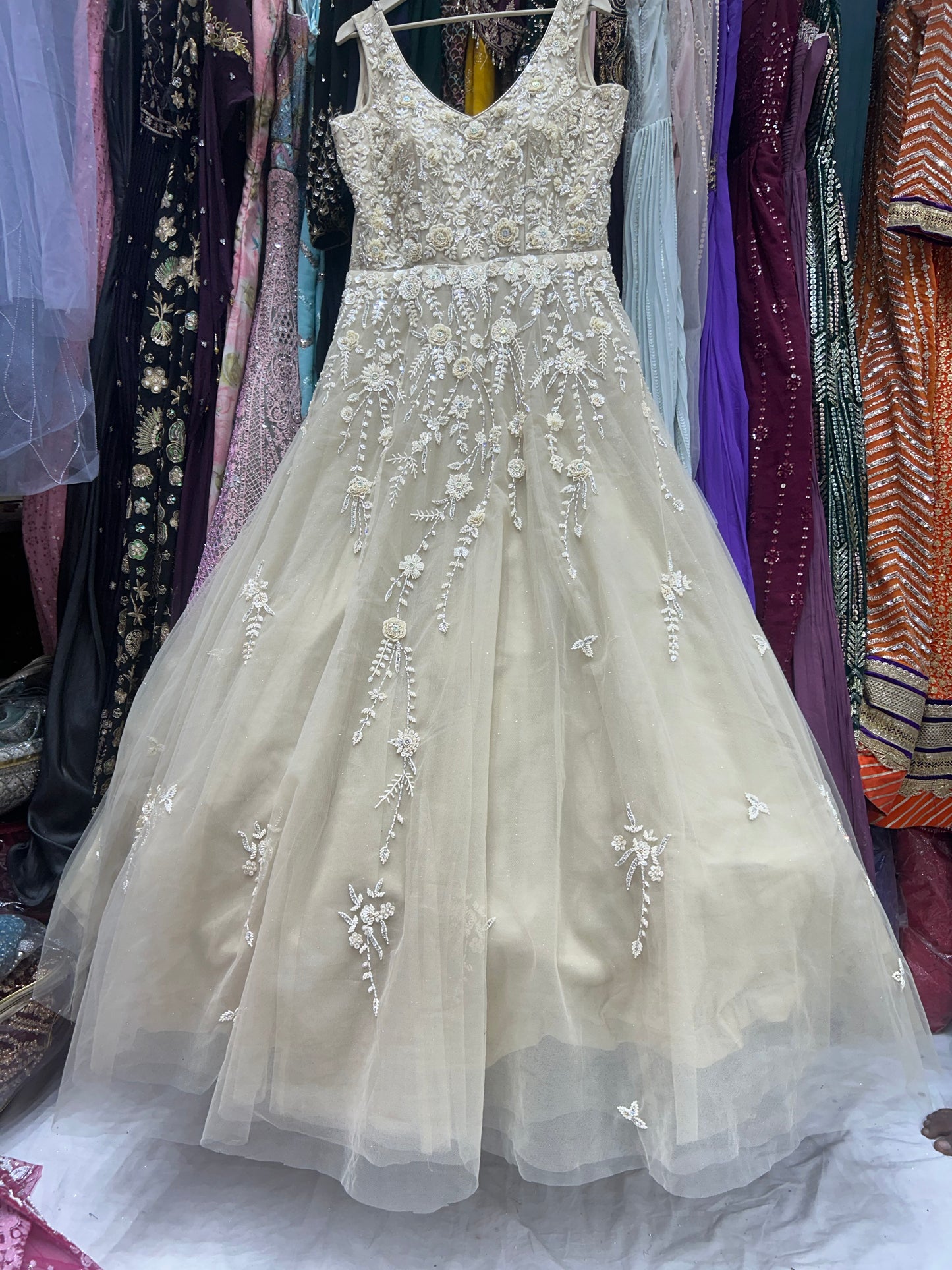 Charming light peach flower print long dress gown