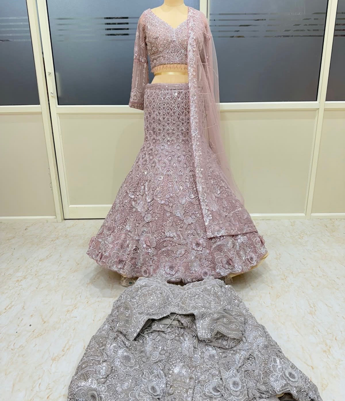 Pink silver crop top lehenga