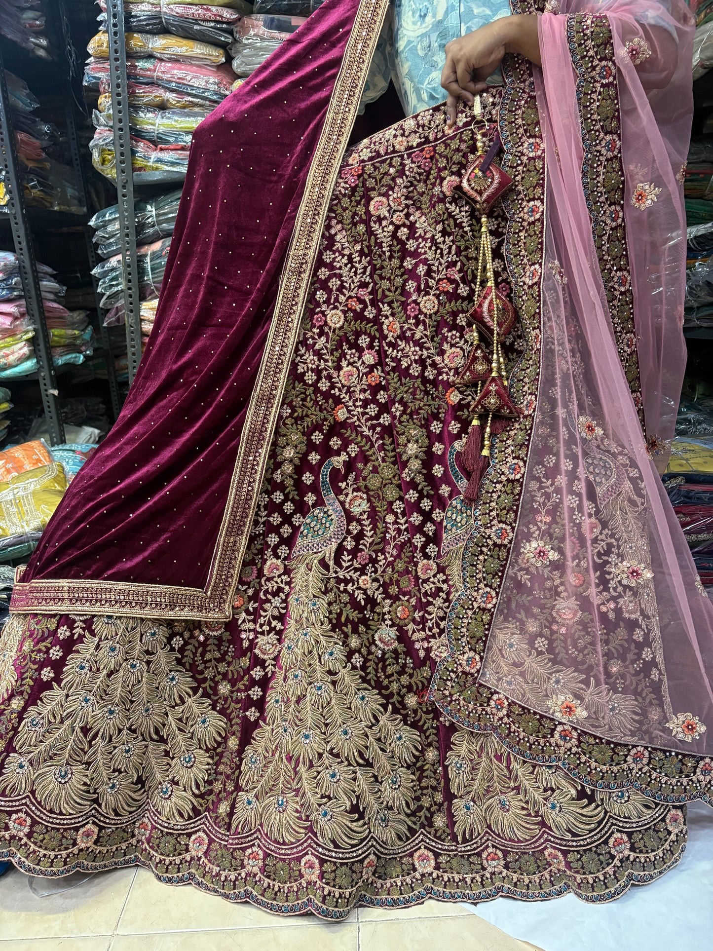 Purple violet Wine Peacock Lehenga velvet fabric