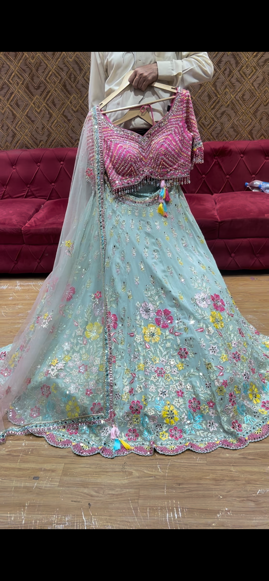 Beautiful Blue pink crop top Lehenga