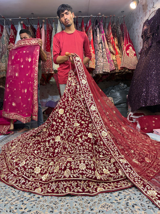 Pretty maroon bridal Lehenga handwork zardozi dabka