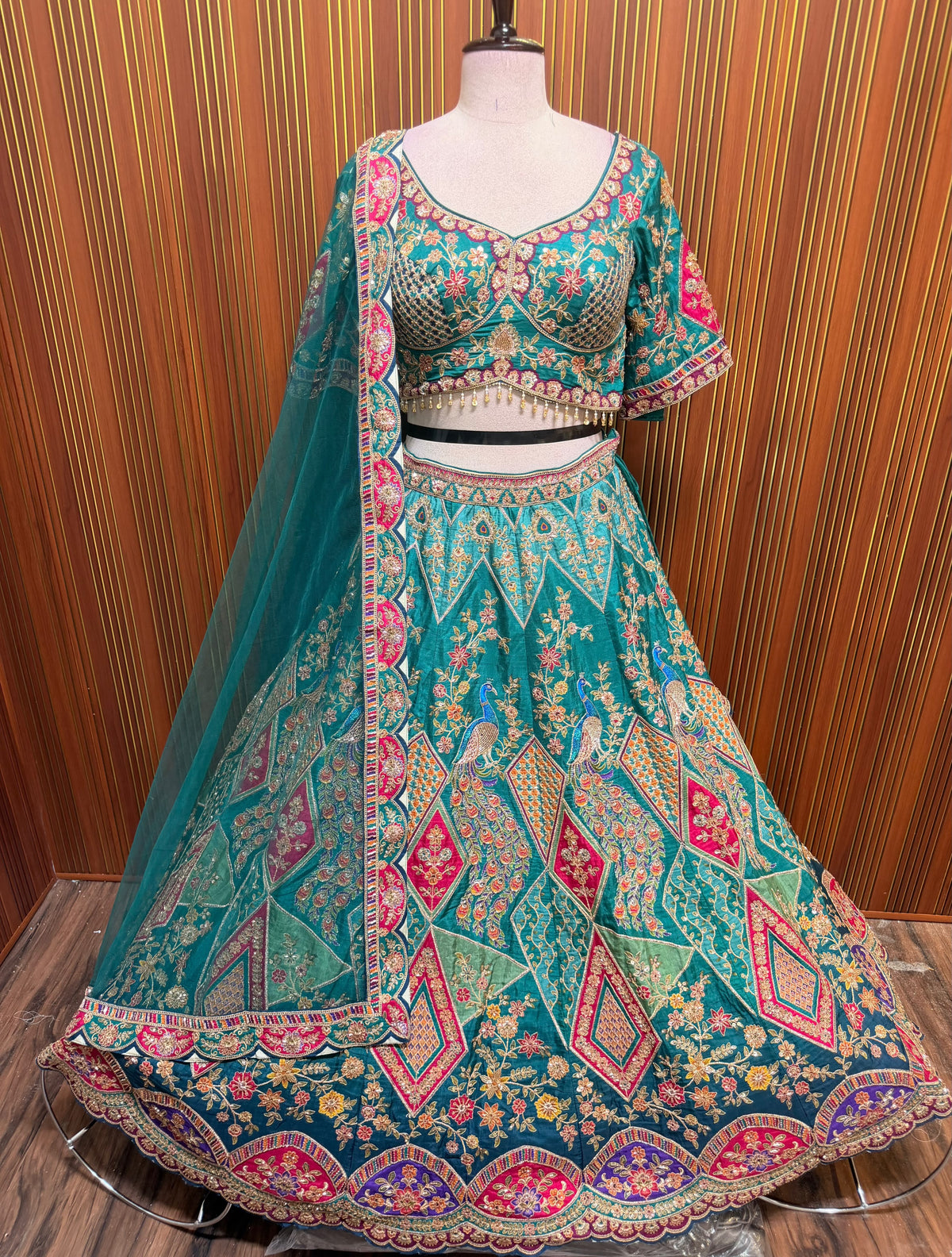 Yellow peach green crop top Lehenga