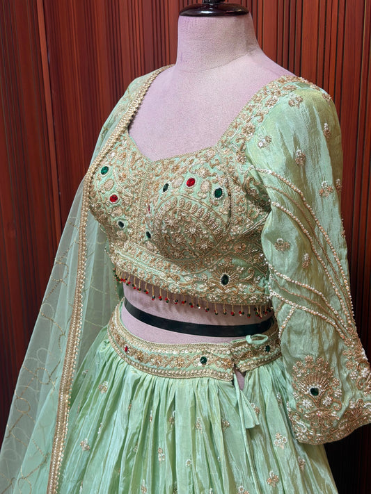 Green pink crop top Lehenga