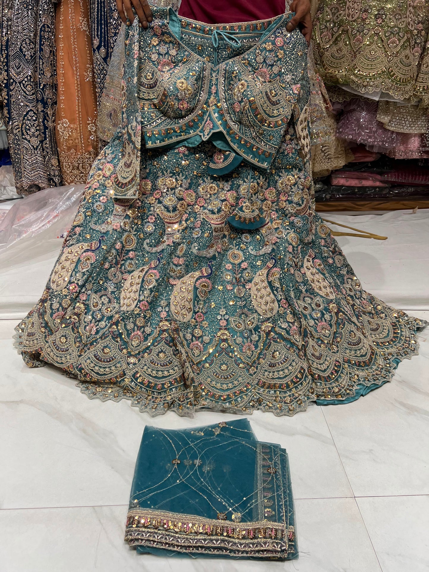 Rust Brown Peacock Crop Top Lehenga