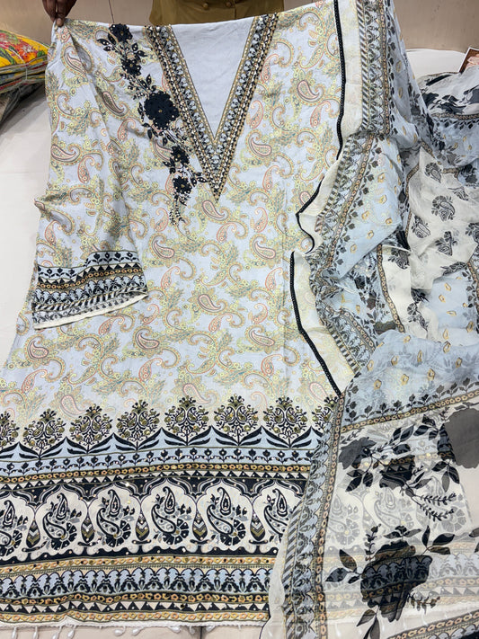 Charming white black Unstitched suit ( free size )