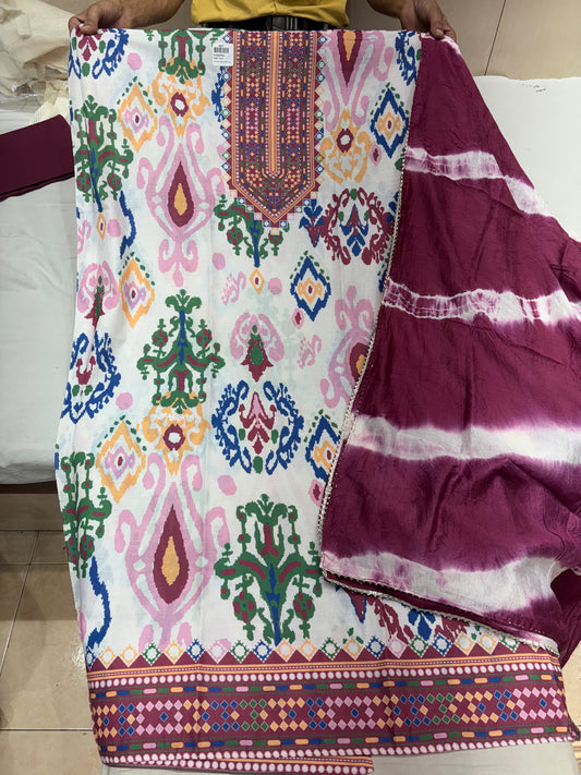 Engaging maroon summer cotton unstitched suit ( free size )