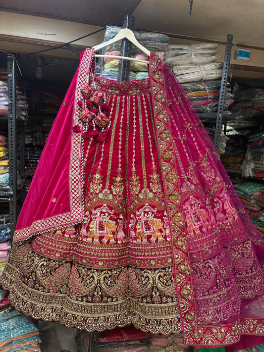 Pleasing Red Rani Pink Doli Barat Ball Bridal Lehenga