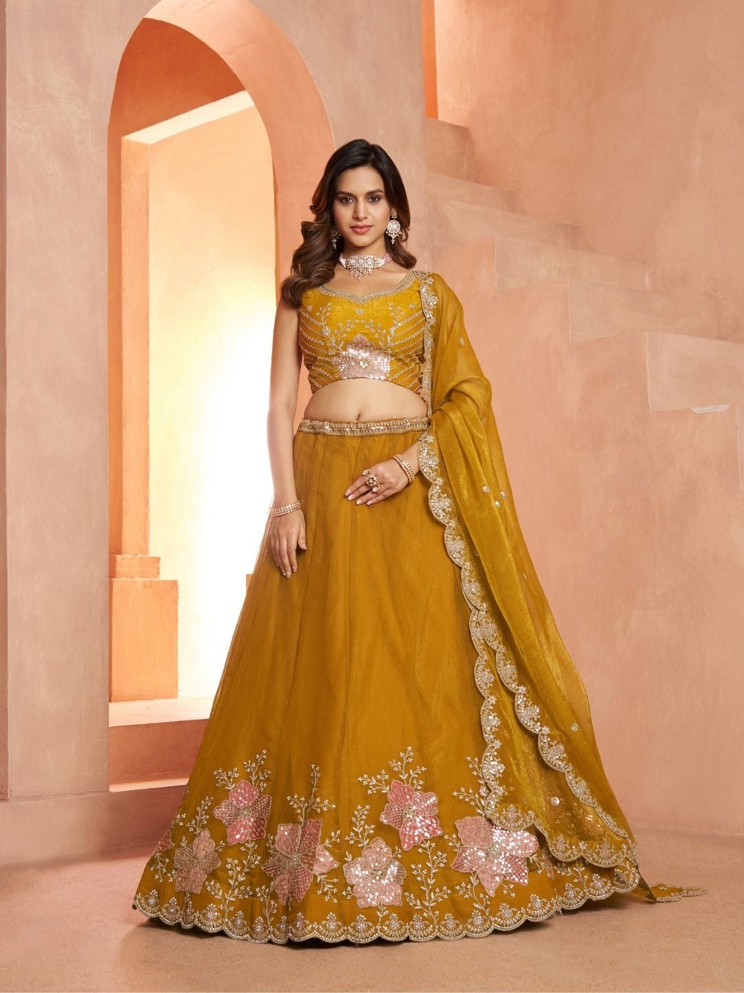 Yellow Haldi Mehendi Crop Top Lehenga