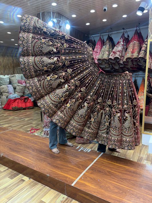 Dark Maroon Peacock Designer ball Bridal Lehenga