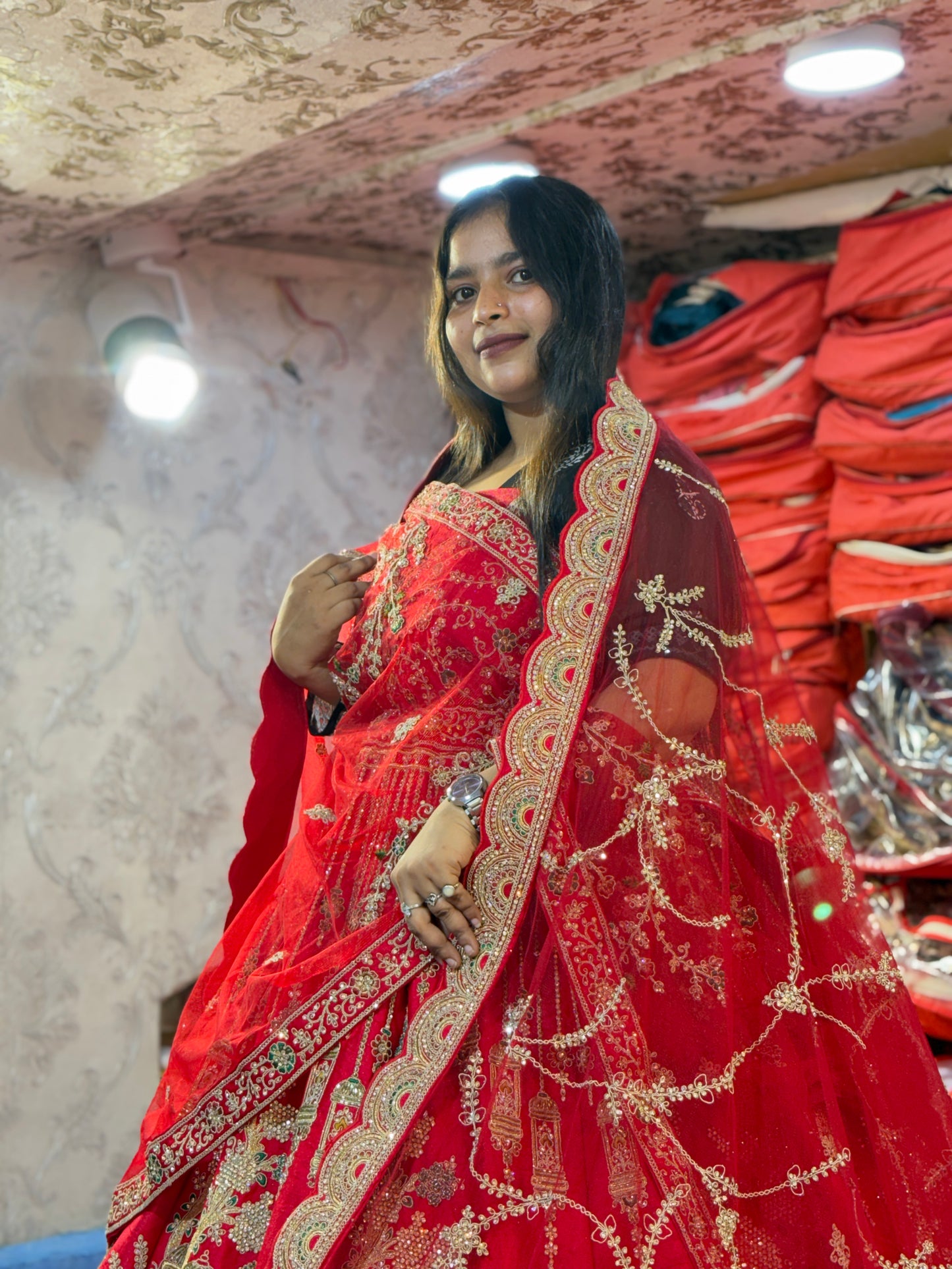 Pretty red handwork peacock bridal Lehenga