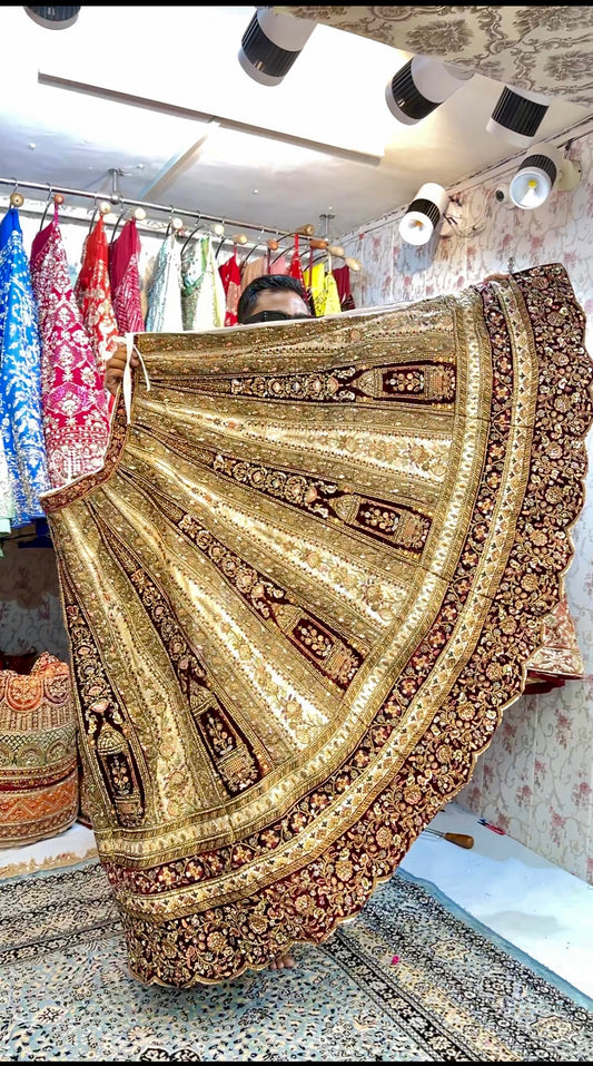 Rajwadi Marwar couture Heavy maroon mustard ivory Designer bridal lehenga