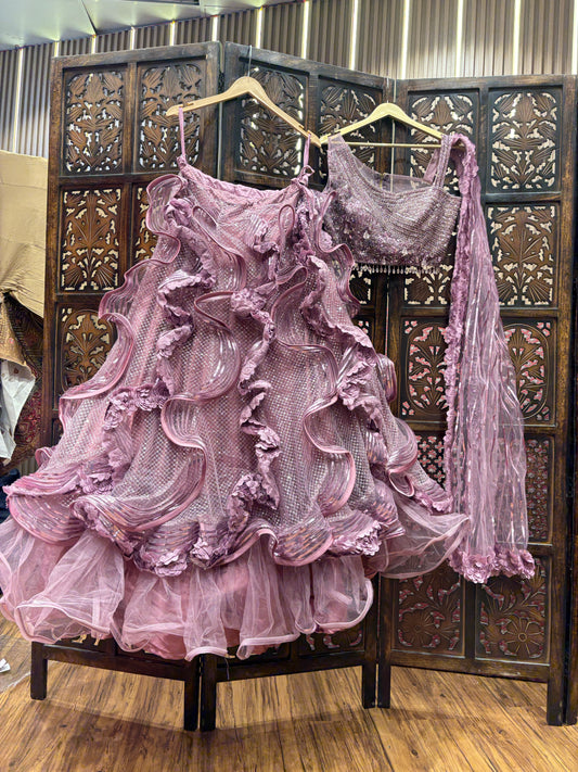 Embellished pink Frill crop top Lehenga