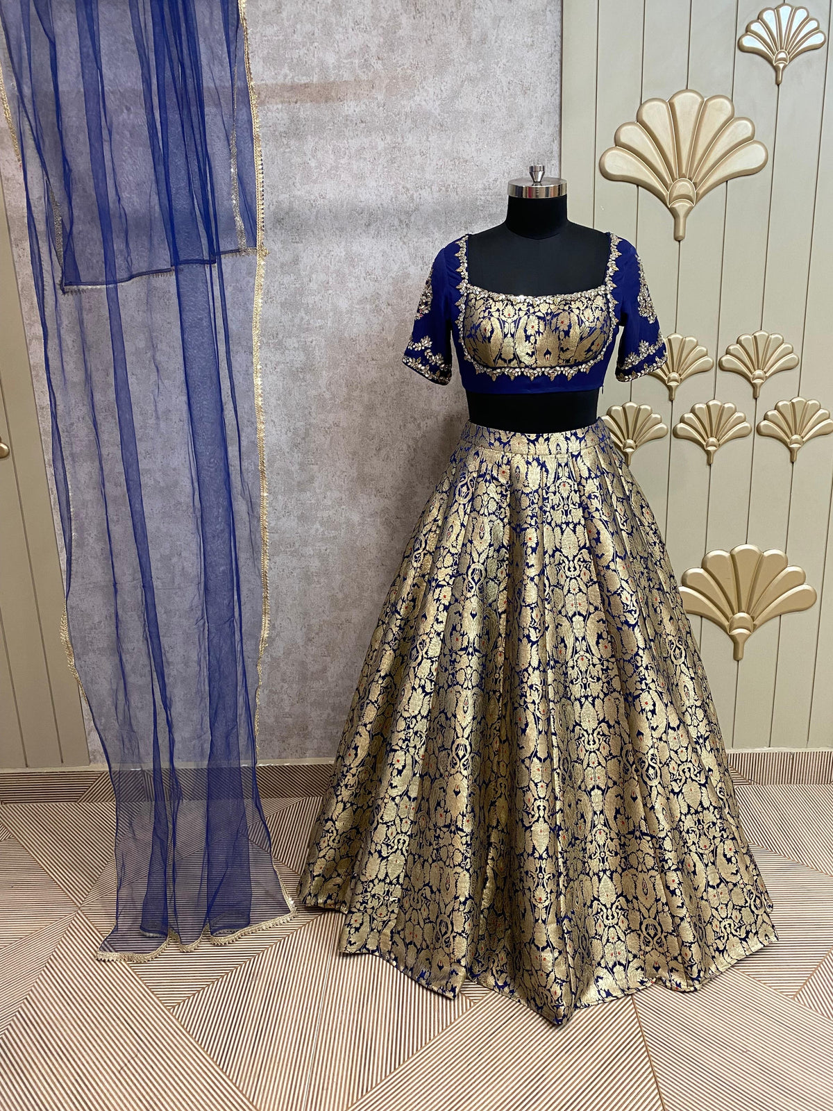 Golden blue crop top lehenga