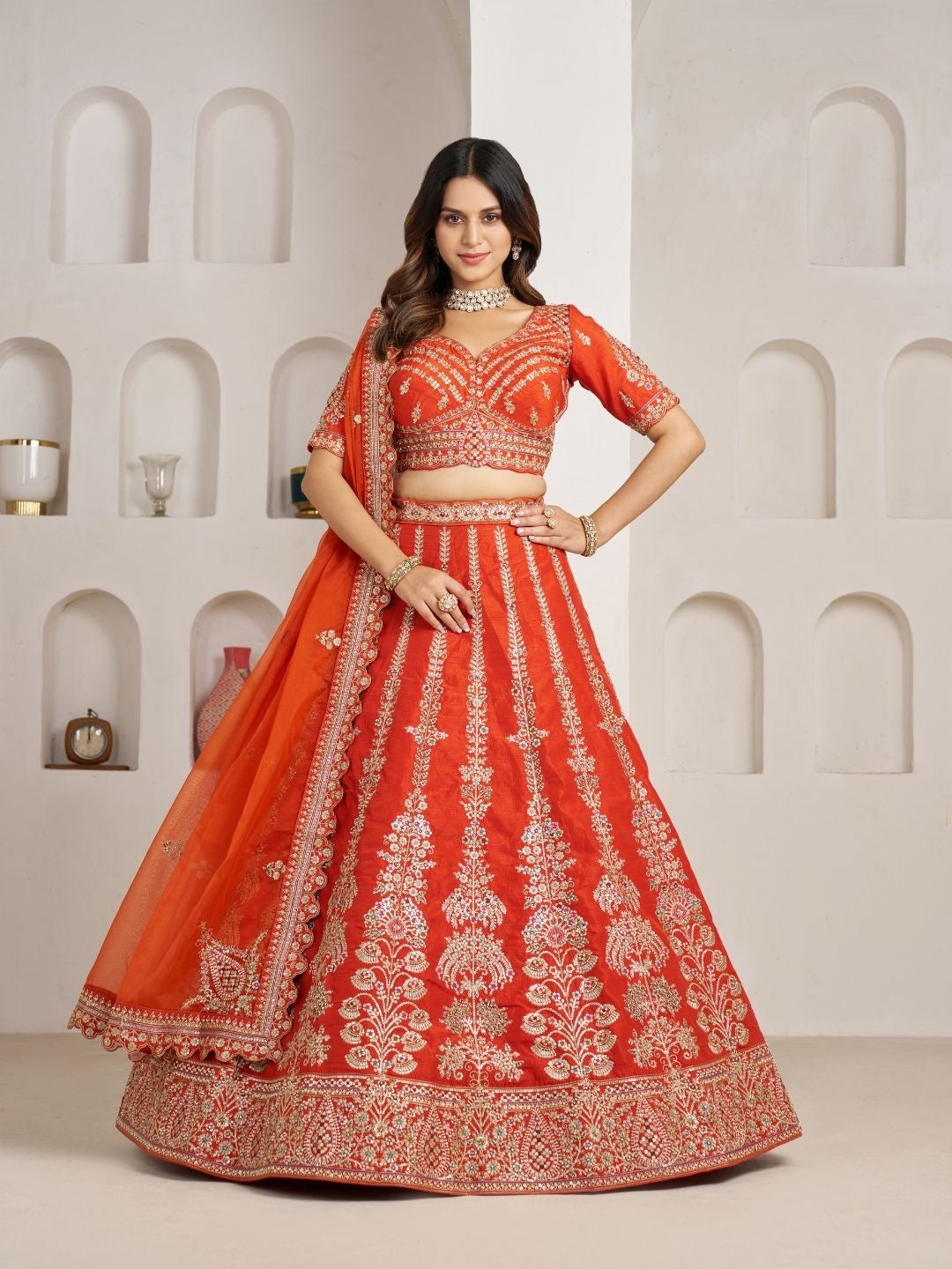 Rust Orange Designer Crop Top Lehenga