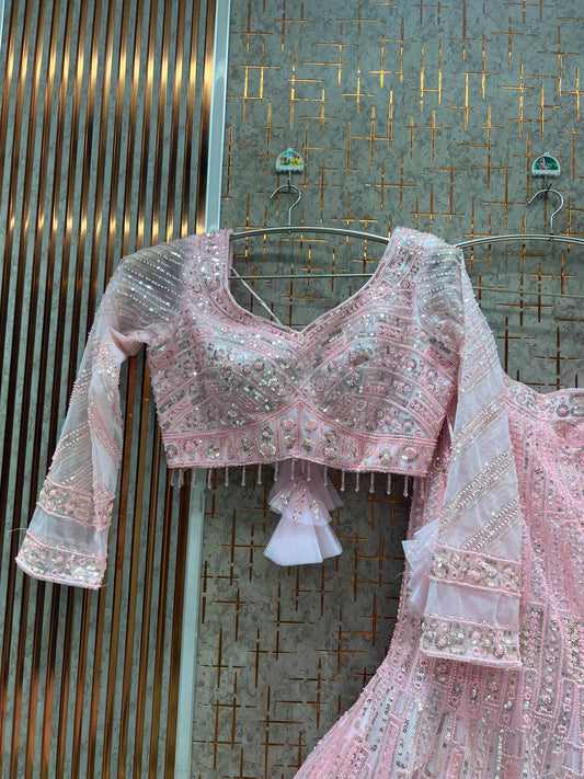 Pink Fish Cut Crop Top Lehenga