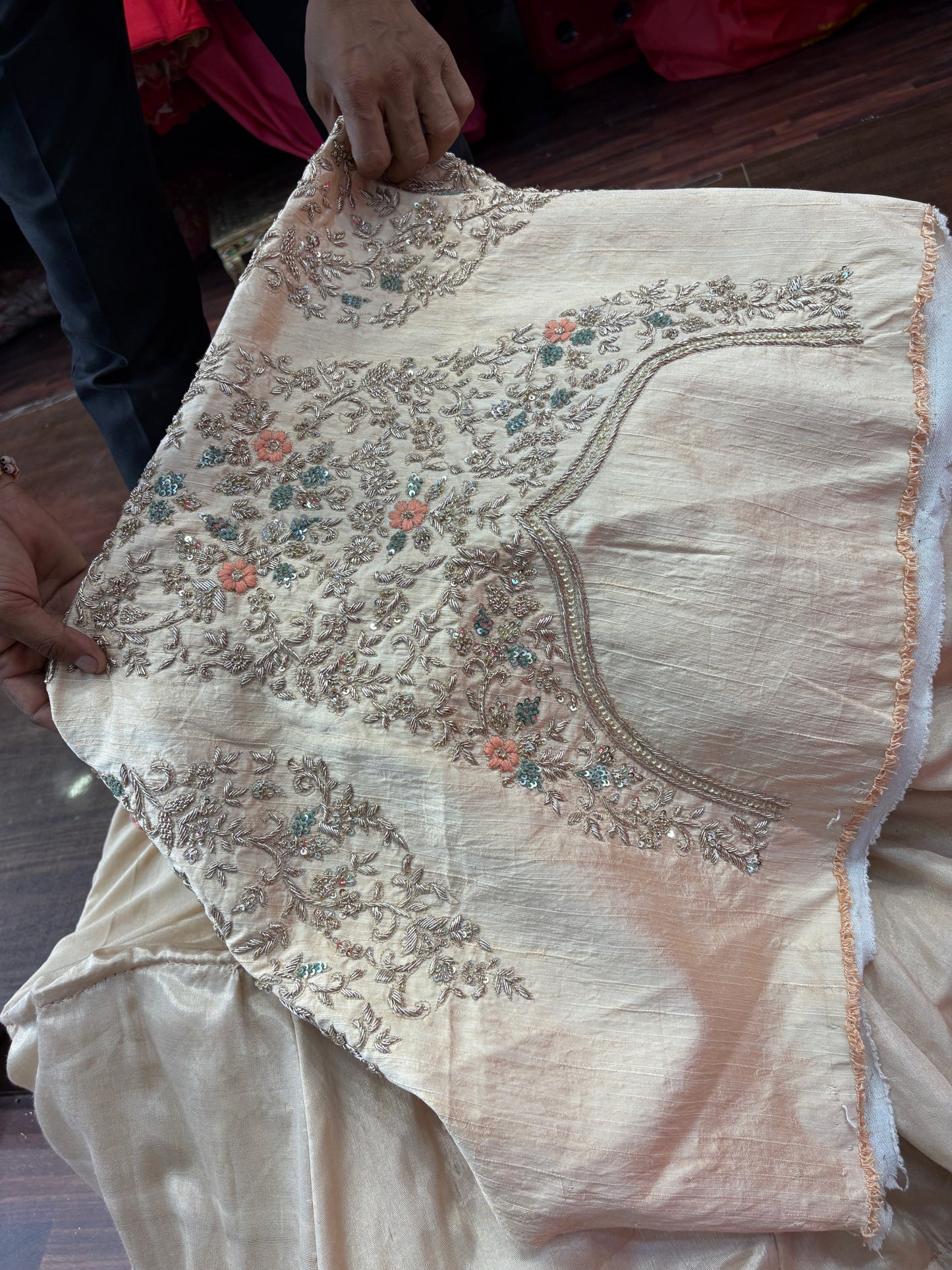 Pleasing golden baby pink beige zardozi dabka handwork handmade bridal Lehenga