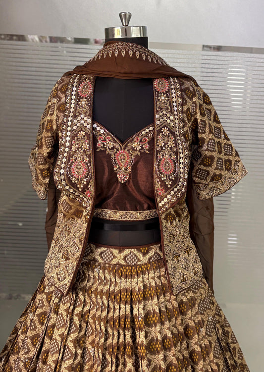 Mustard Brown Shrug Dress Crop Top Lehenga