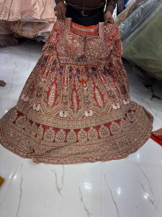 Engaging orange peacock Crop Top Lehenga