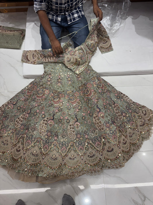 Majestic green peacock crop top Lehenga