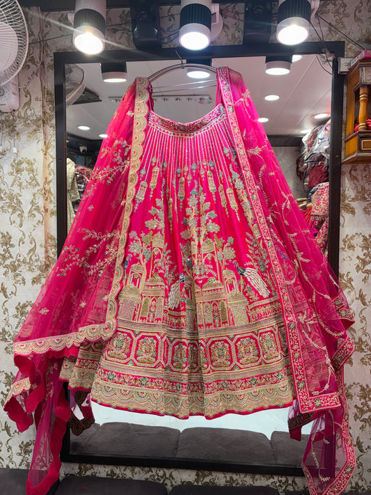 Fabulous rani pink peacock handwork bridal Lehenga