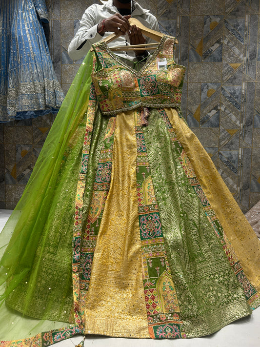 Charming yellow green haldi mehendi crop top lehenga