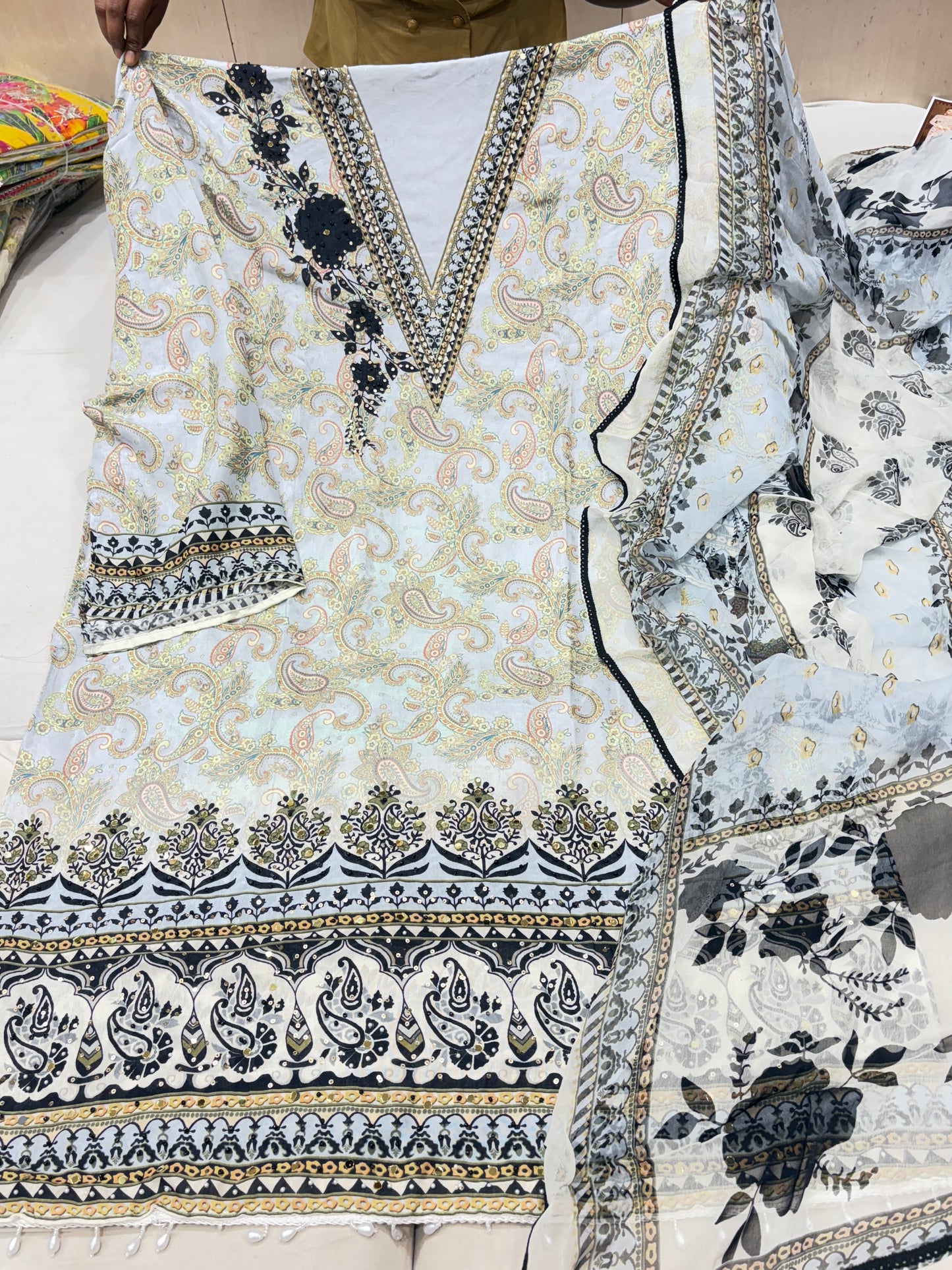 Charming white black Unstitched suit ( free size )