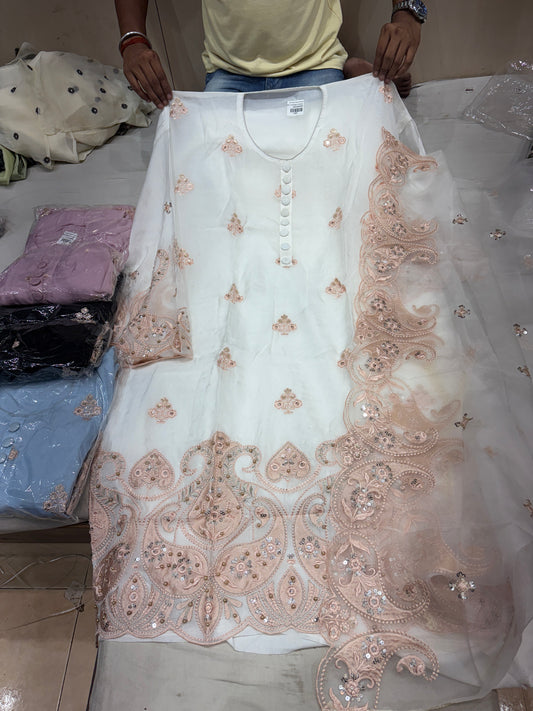Lavishing white unstitched salwar suit dress material(free size)