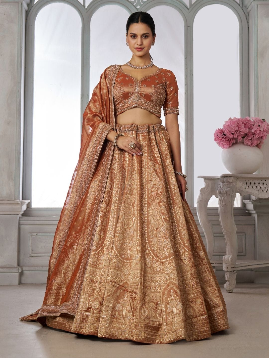 Rust Golden Designer Crop Top Lehenga