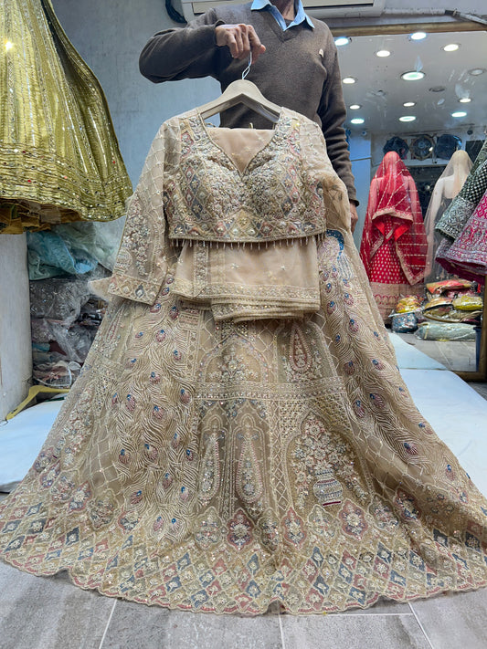 Amazing beige peach skin golden crop top Lehenga