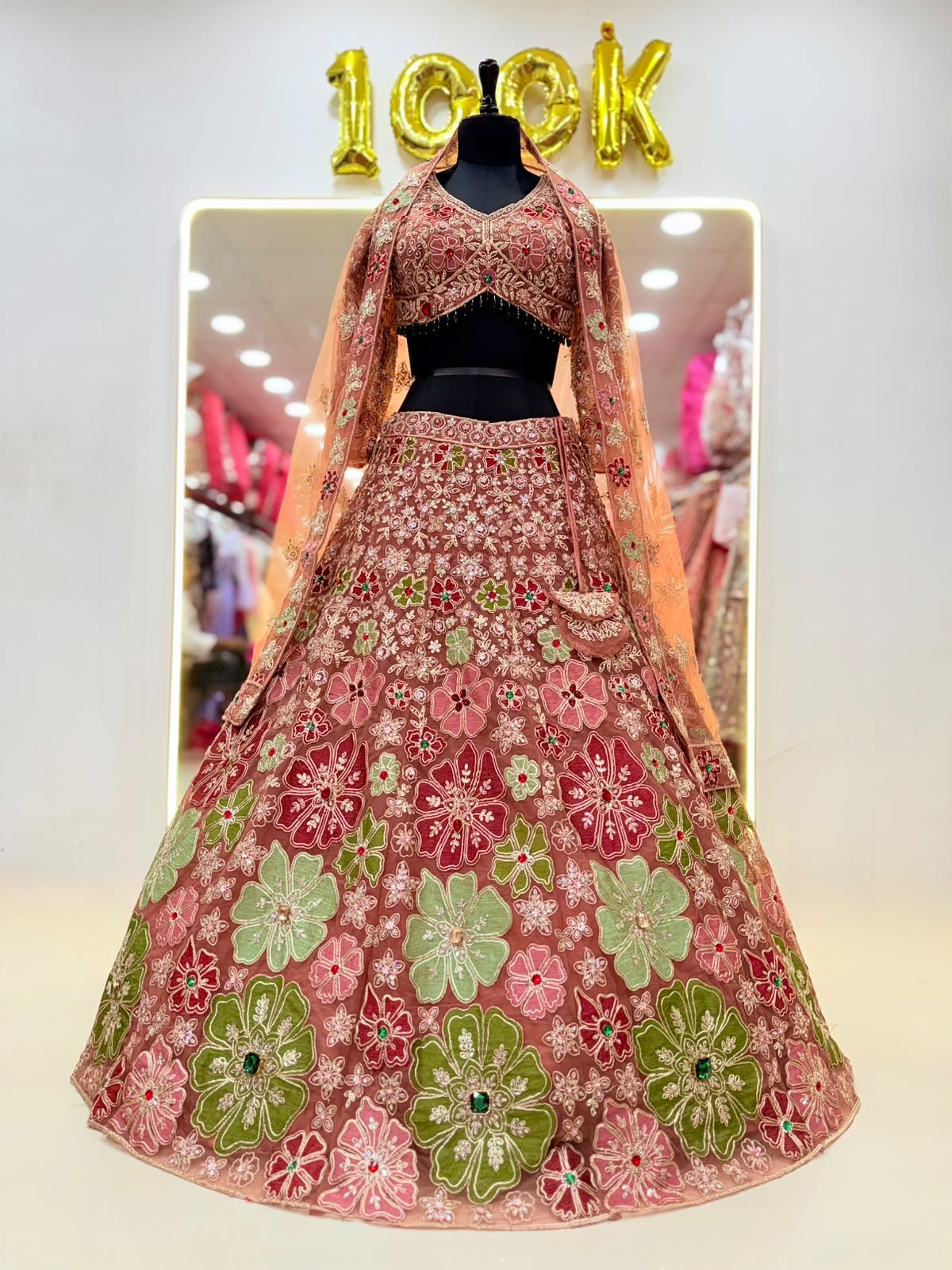 Peach Pink Green Multicolour Pdp Crop Top Lehenga