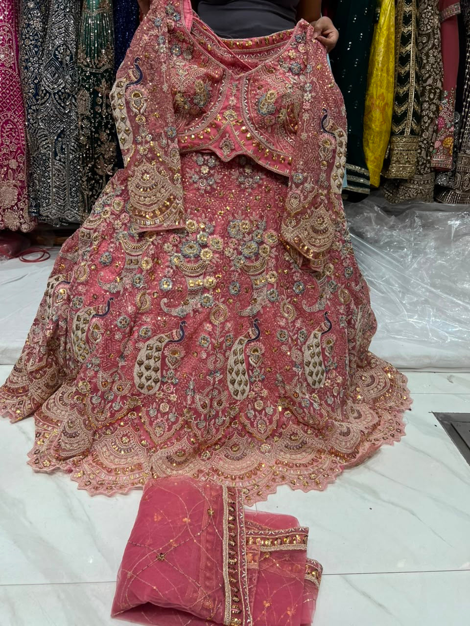White Peacock Crop Top Lehenga
