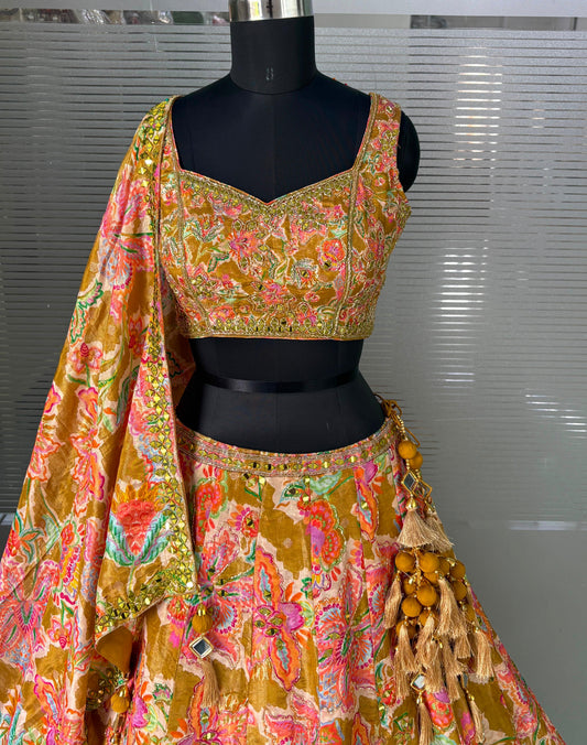 Mustard Pink Yellow Crop Top Lehenga