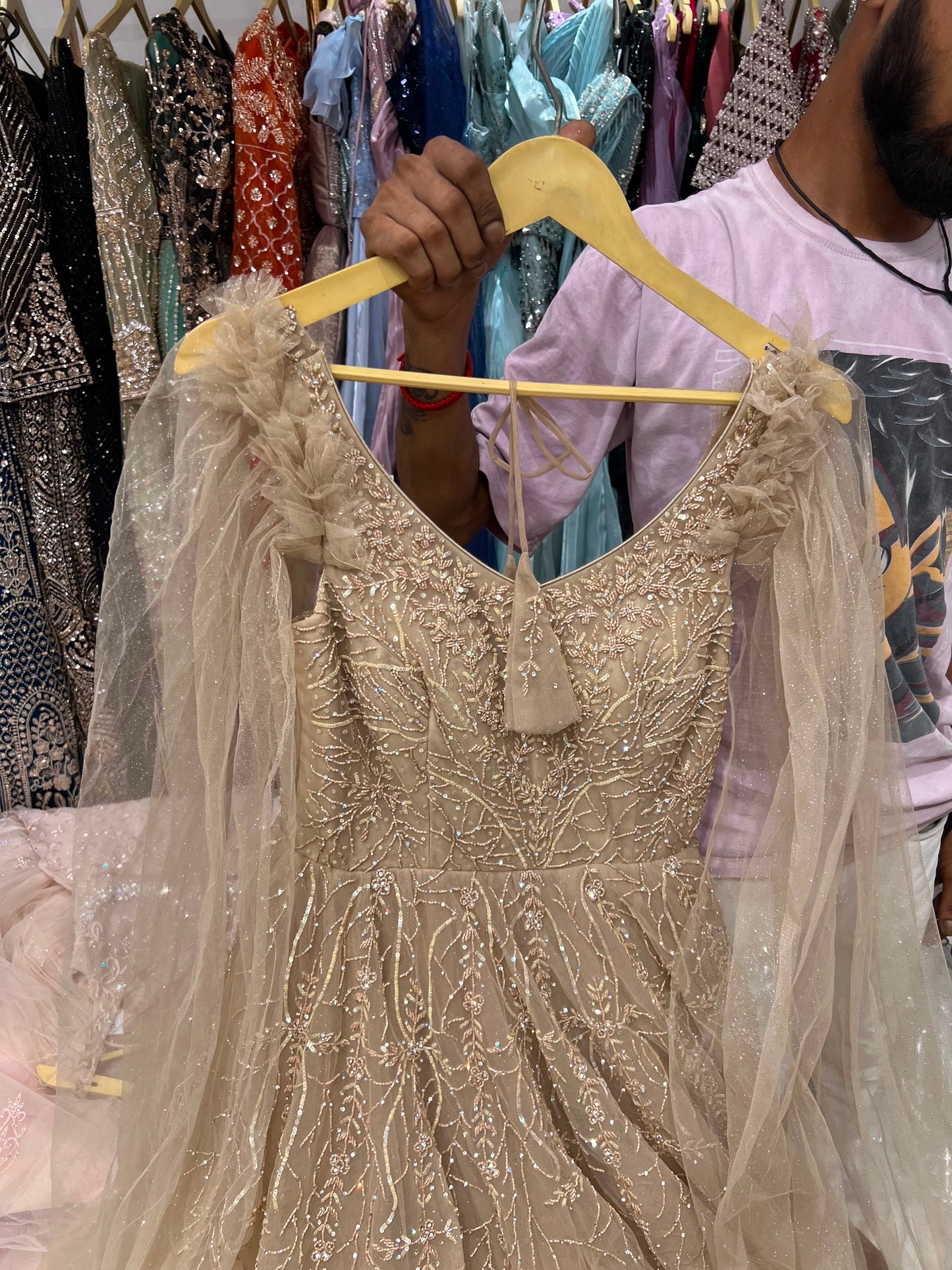 Beige Golden Designer Gown