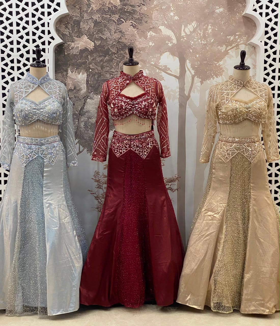 Silver Grey Maroon Golden Fish Cut Crop Top Lehenga