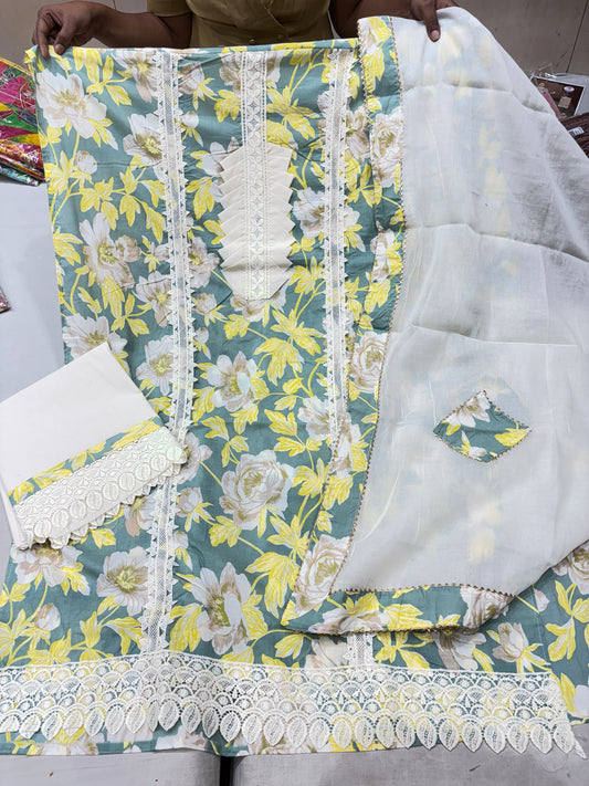 Majestic white green Unstitched suit ( free size )