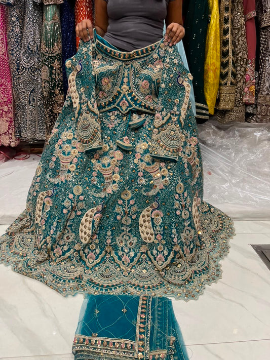 Yellow Haldi Mehendi Peacock Crop Top Lehenga