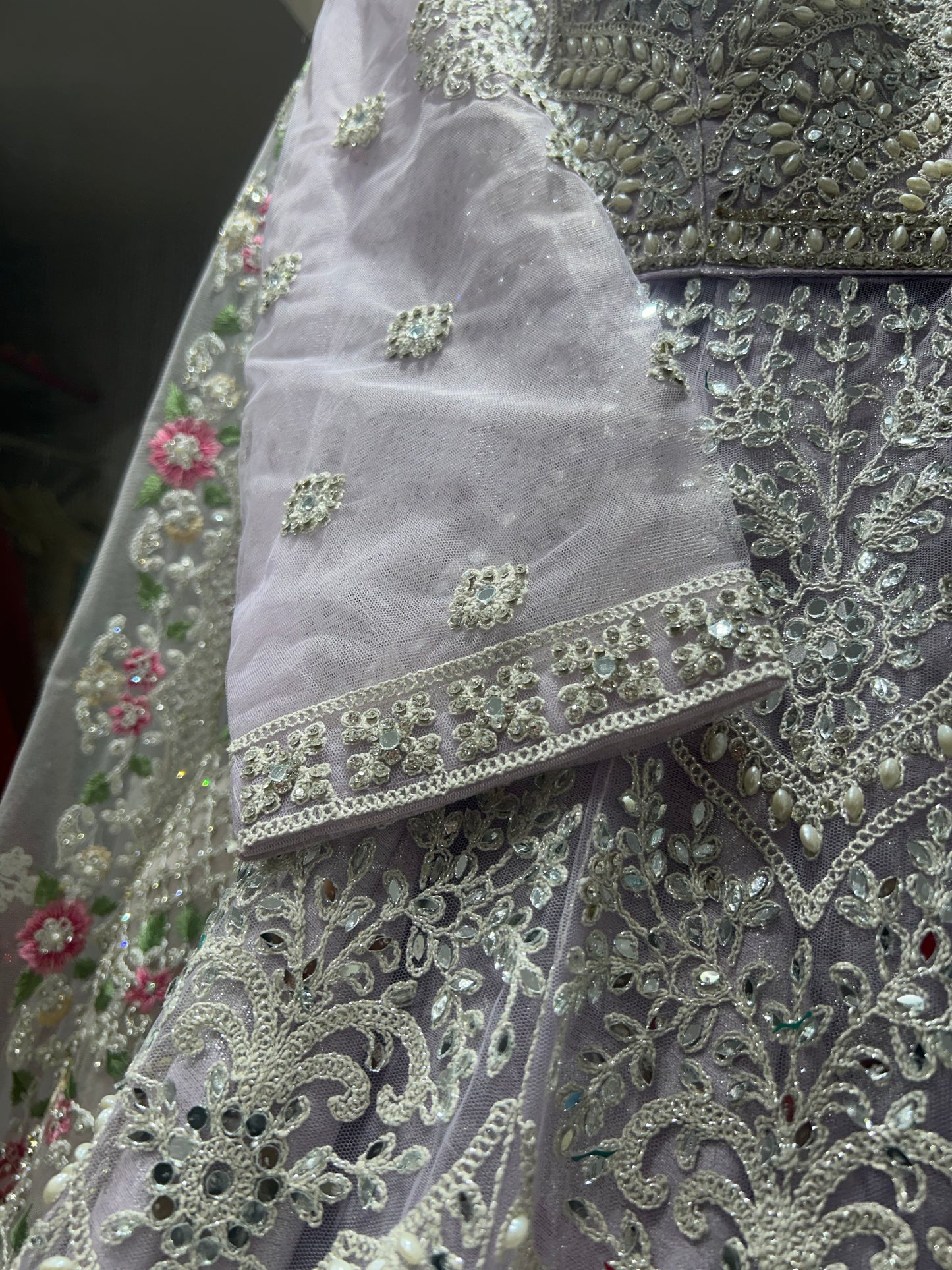 Decent heavy pink lavender long crop top lehenga dress