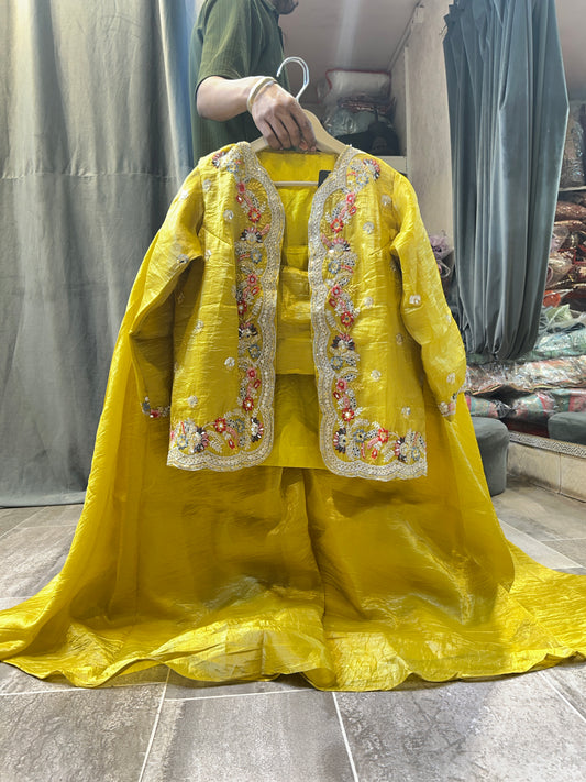 Designer yellow haldi mehendi shrug dress lehenga