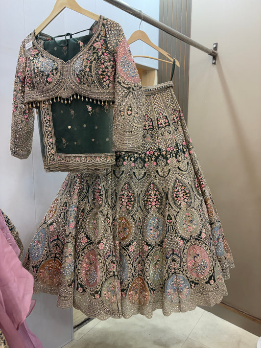 Majestic pista green circle peacock crop top Lehenga