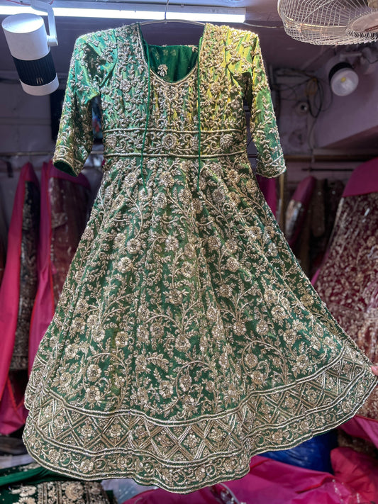 Amazing green Handmade Zardozi Dabka Peplum long Dress Farshi Gaharara Pakistani Bridal Dress Muslim Special