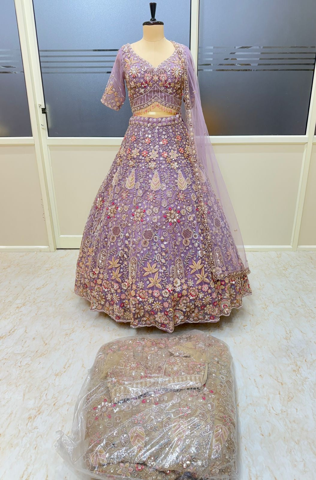 Lavender brown crop top Lehenga