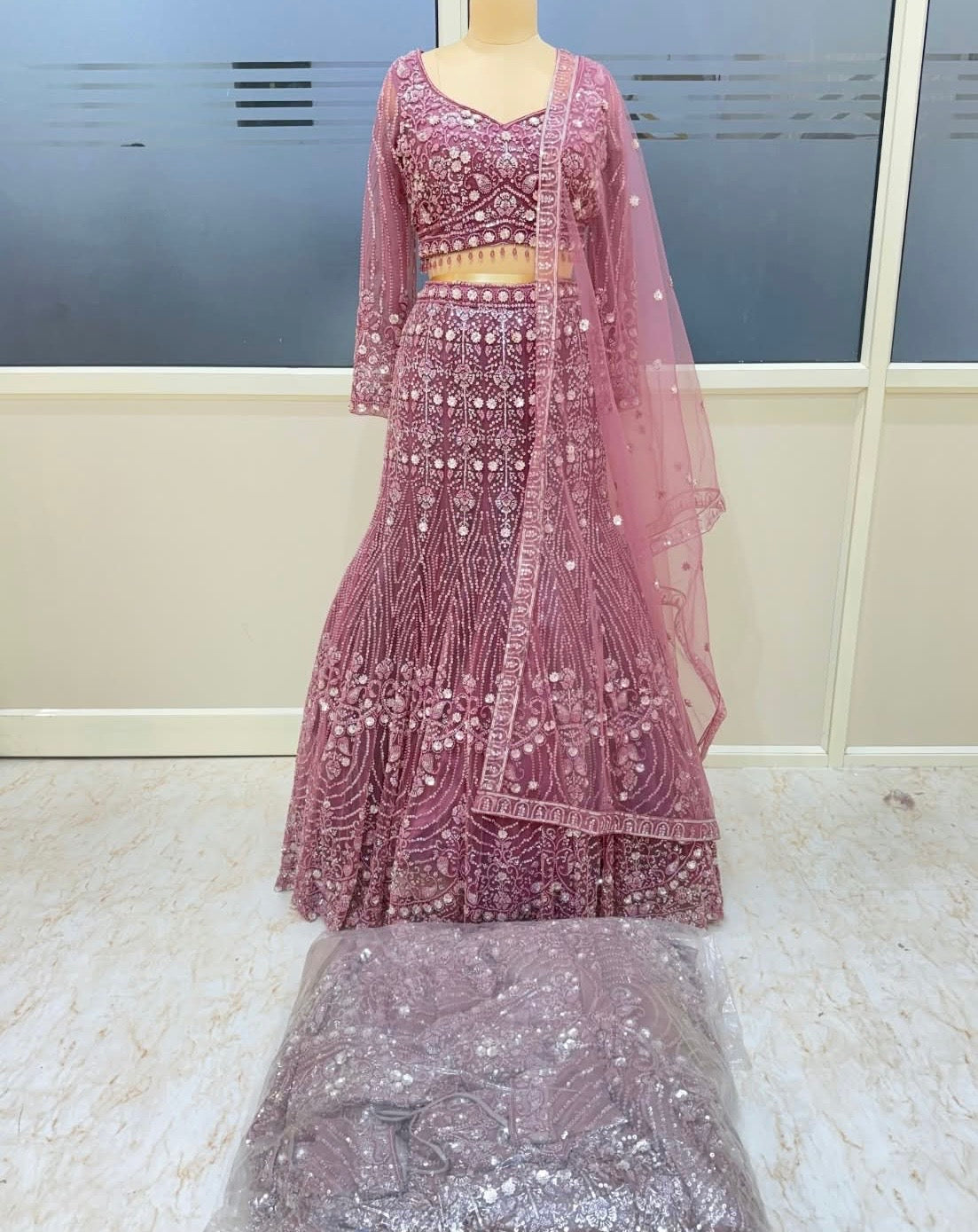 Lavender pink fish cut crop top lehenga